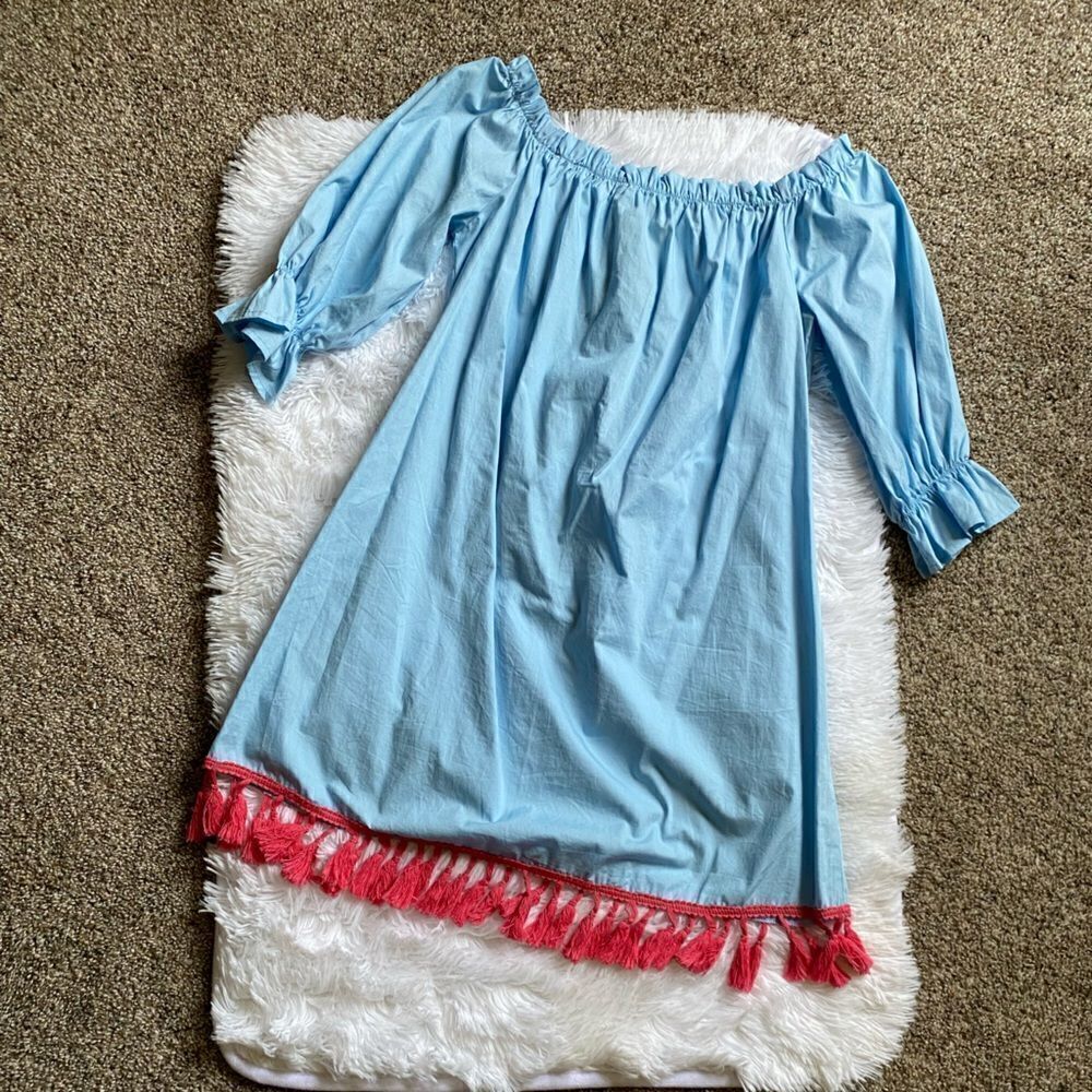 Flying‎ Tomato Dress Embroidered Fringe Hem Elastic Cold Shoulder Blue Pink Boho